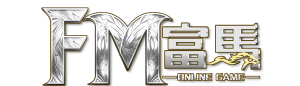 富馬娛樂城 FM Online Game 銀灰色品牌 LOGO，結合金邊設計與奔馬圖騰