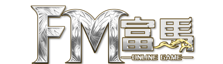 富馬娛樂城 FM Online Game 銀灰色品牌 LOGO，結合金邊設計與奔馬圖騰